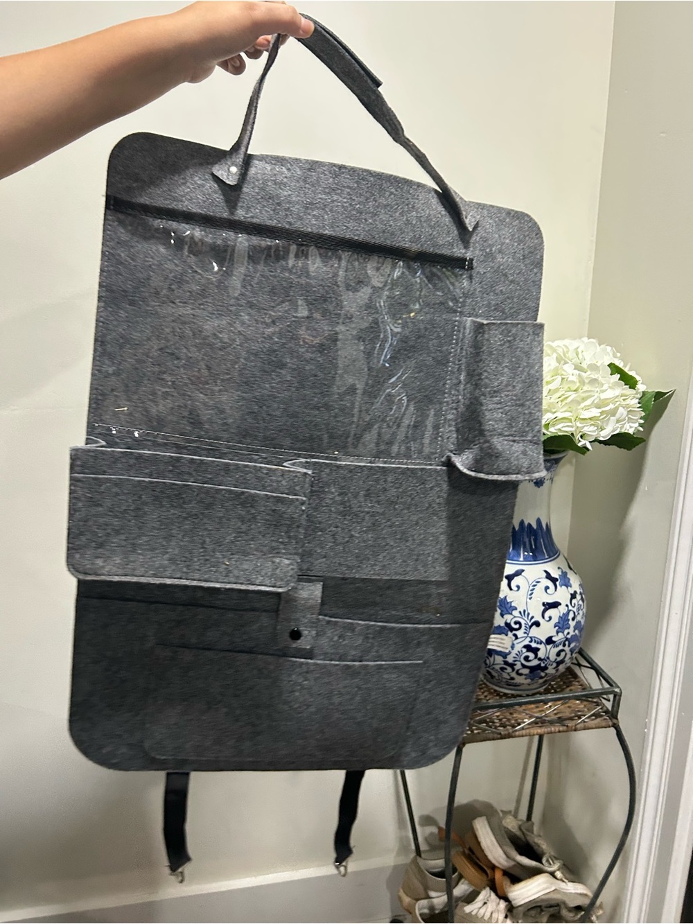 Gray Felt Car Backseat Organizer with Clear Tablet Pocket